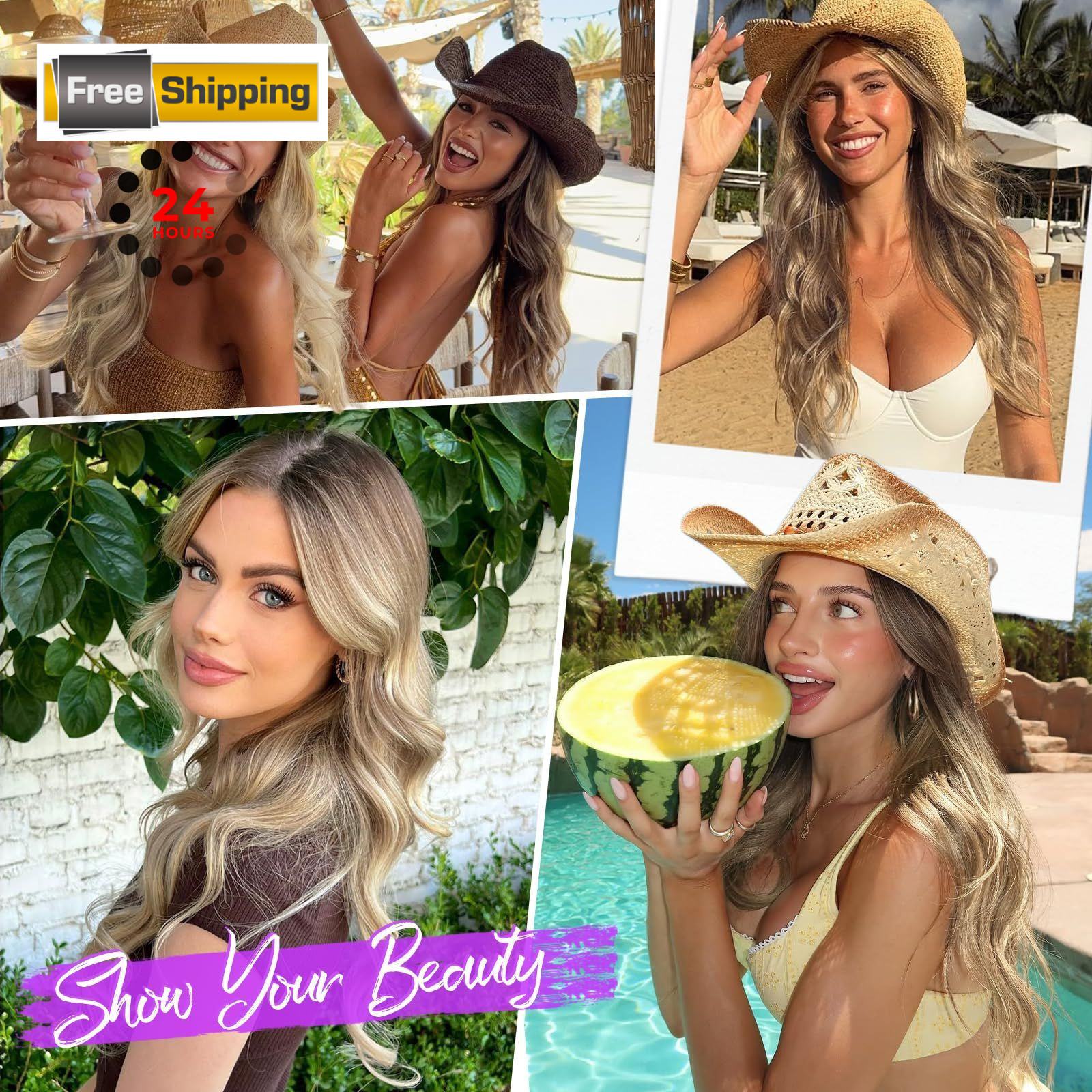 Eawwii Ombre Blonde Wig for Women Long Wavy 4×1 Lace 26 Inch,