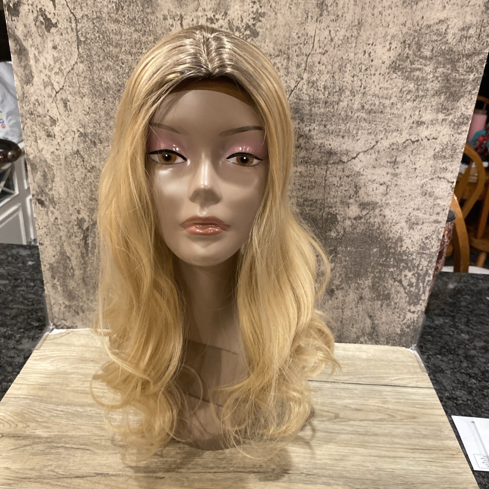 Long hair synthetic topper blonde wavy hair -brown roots- No Bangs rooted blonde