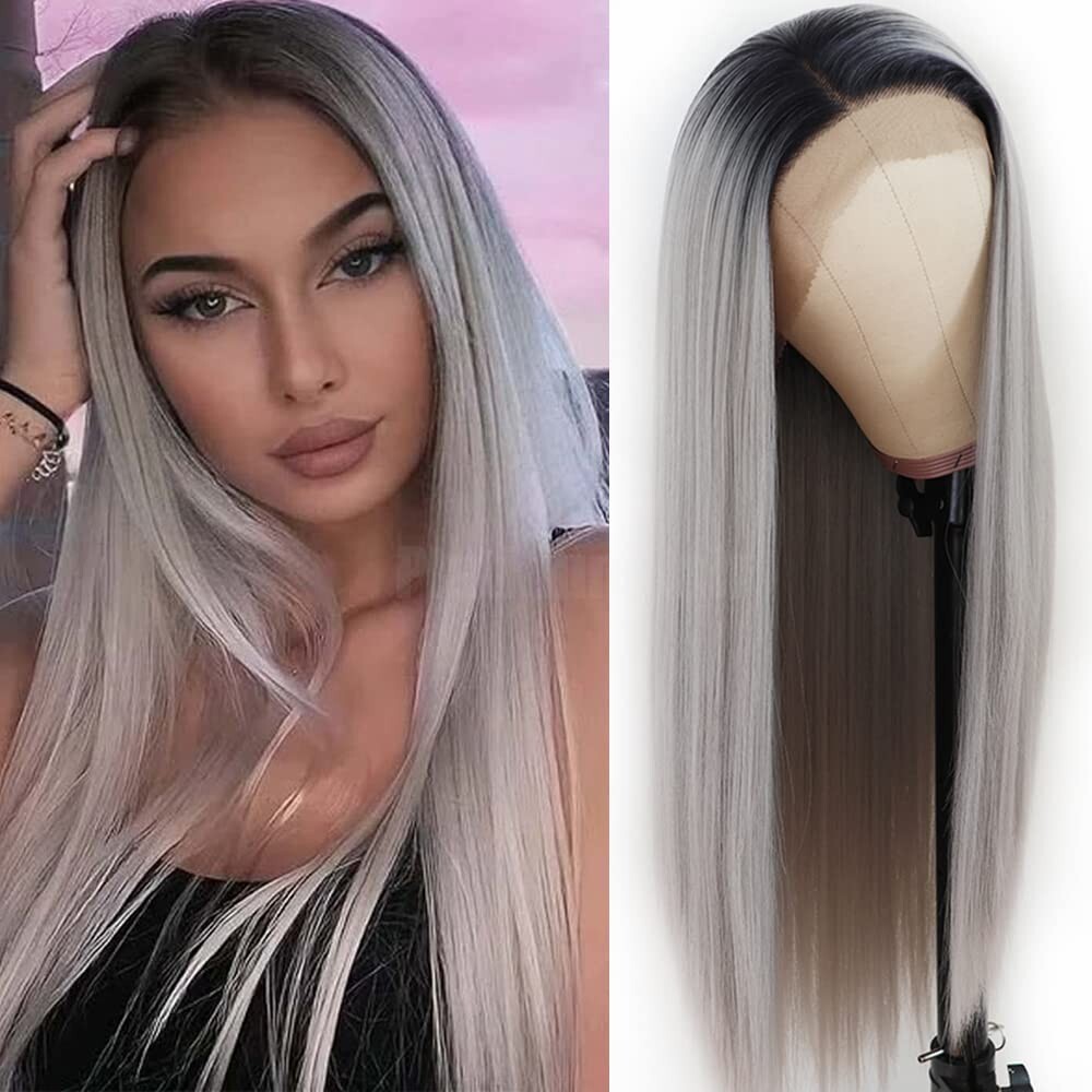 Ombre Gray Lace Front Wigs Long Straight Human Hair Heat Resistant Pre Plucked