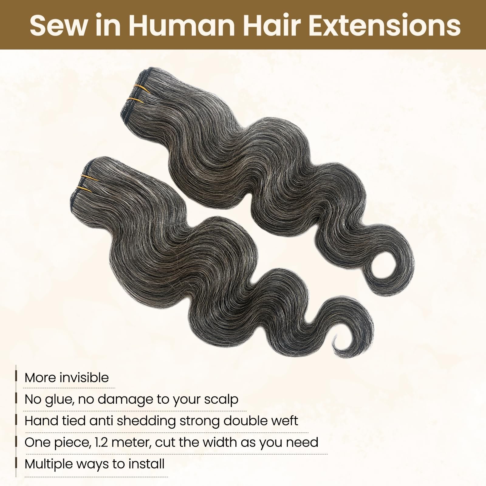 12 Inch Salt & Pepper Grey Sew-In Hair Extensions, Body Wave Remy Weft Bundles f
