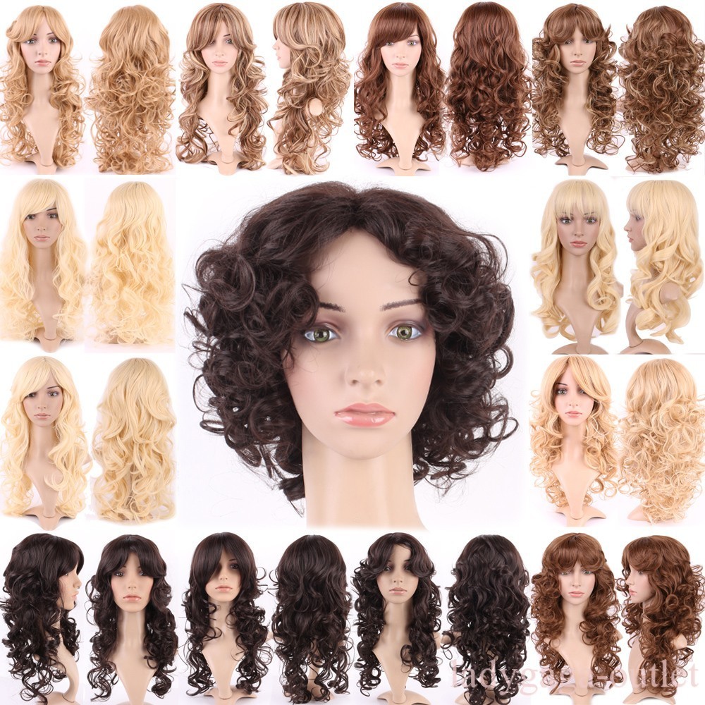 Women Long Wig with Bangs NEW Curly Wavy Stylish Party Costume Hair Full Wigs US