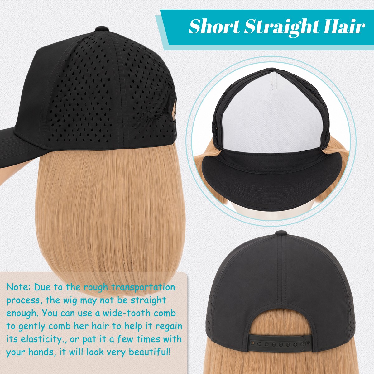 Cap Hat Bob Wig with 6″ Synthetic Straight Hair Adjustable Cap Baseball Hat Wig
