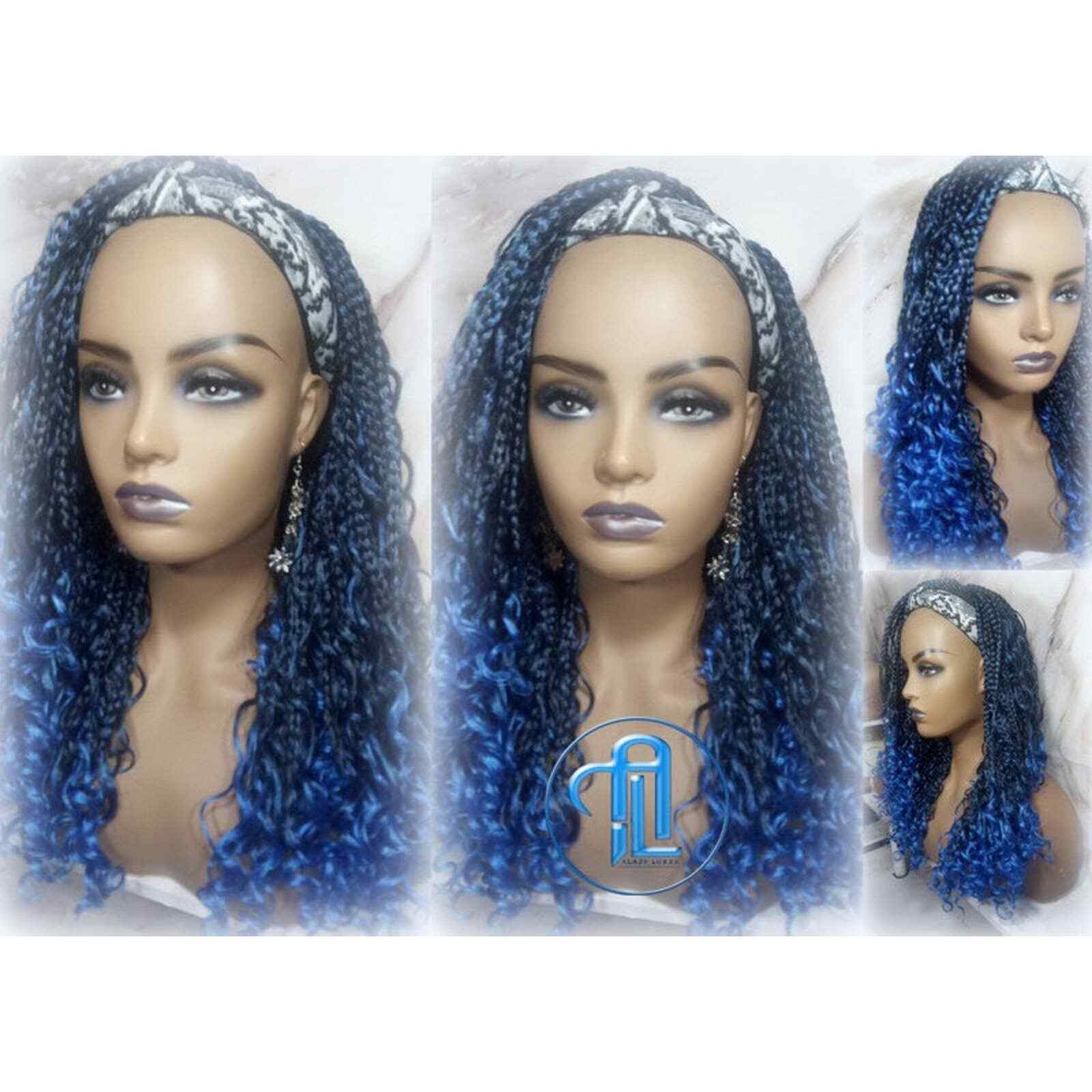 Headband Wig Blue Ombre Goddess Box Braids Mermaid Boho curly bohemian Curly