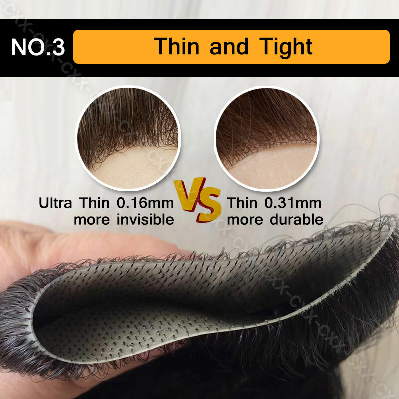 Mens Human Hair Replacement Toupee Thin Skin Frontal Hairpiece Forehead Hairline