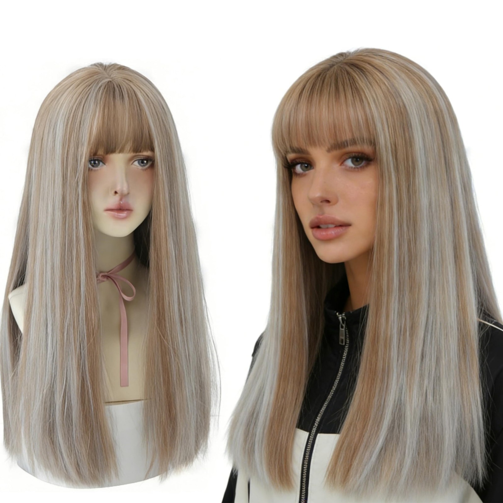 22 Inches Long Straight Hair Wig with Bangs Synthetic High Density Wig for Wo…