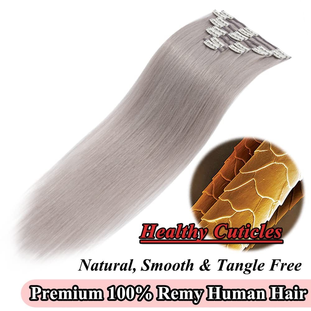16″ Clip-in Real Human Hair Extensions – 65g Remy Gray Balayage 8pcs Weft Silky