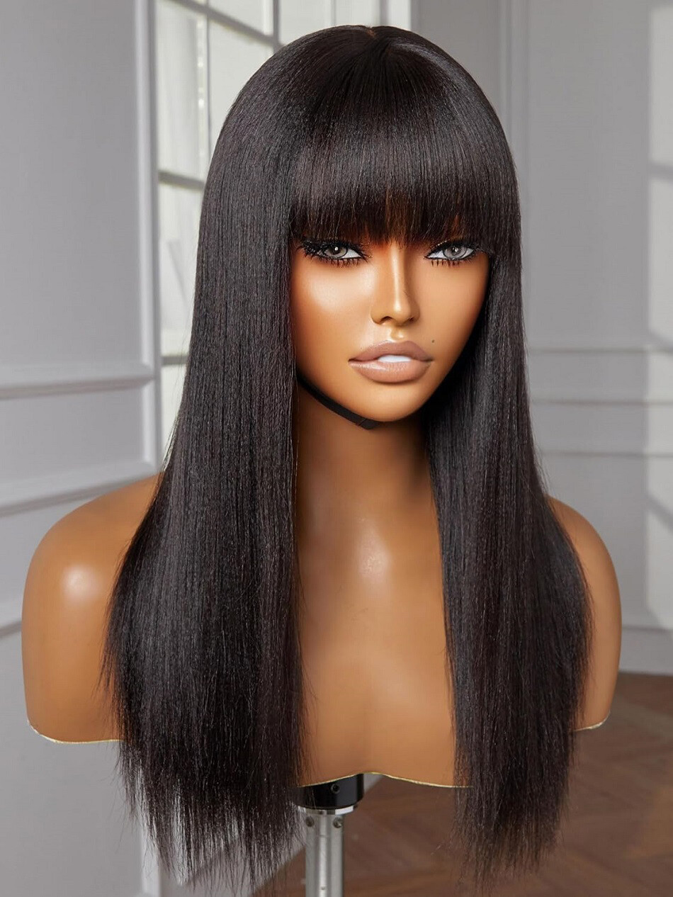 Light Yaki Human Hair Scalp Top Full Machine Made Wigs with Bangs Black Women