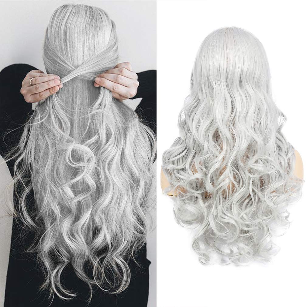 Women’s Long Curly Wavy Silver Gray Wigs Cosplay Costume Halloween Wigs Synth…