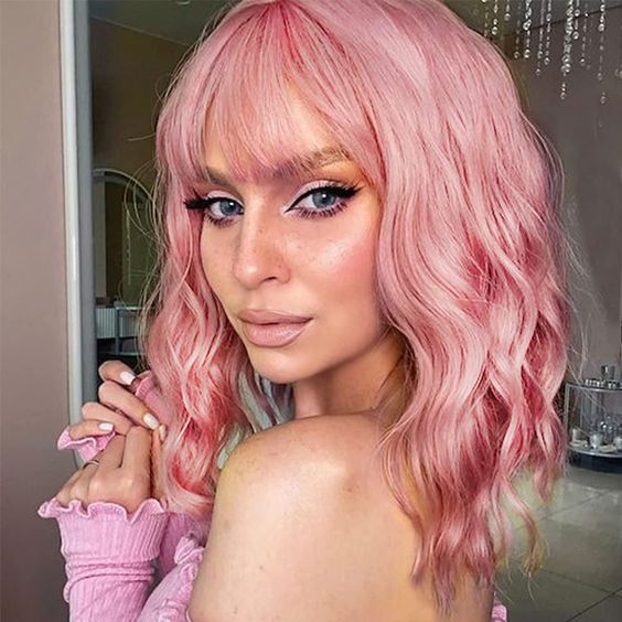 Women Girls Pink Bob Wig with Bangs Short Wavy Pink Bob Wig Synthetic Bob Wig US