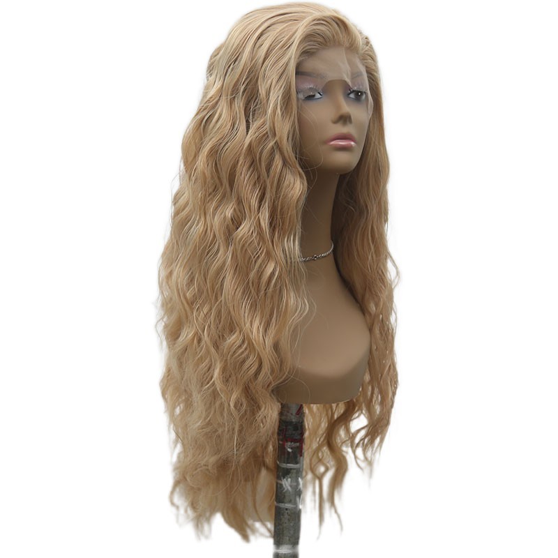 Women Long Wavy Lace Frontal Wigs Heat Resistant Hair Mixed Blonde Pre Plucked