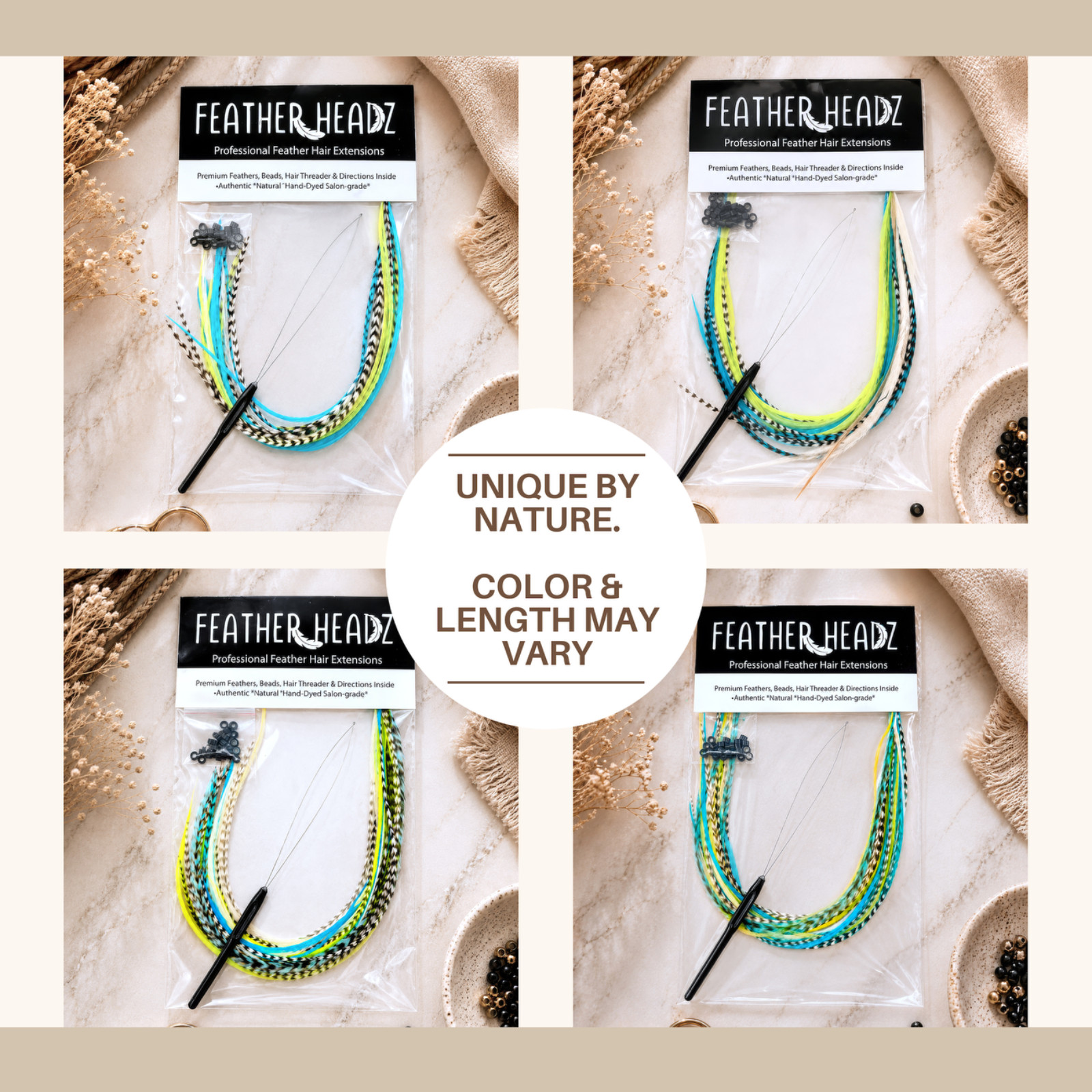 50 pcs. Neon/Turquoise MIX 9-14″ Feather Extension, Whiting Farms, DIY Kit