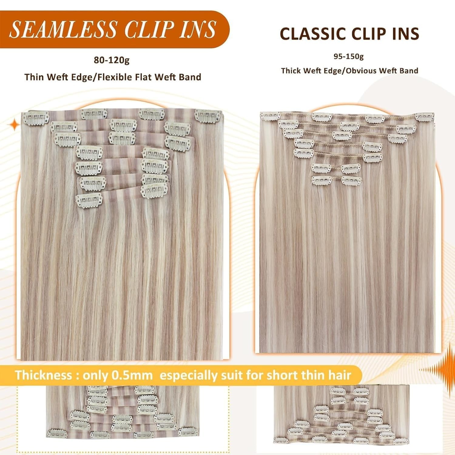 Customizable 18 Inch Blonde Clip-Ins – Real Human Hair Extensions, 120g Set