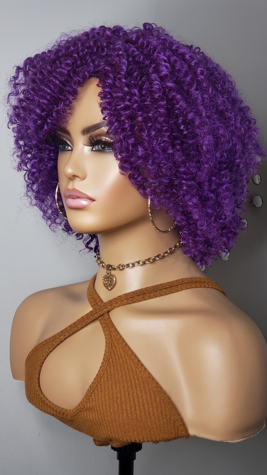 New Short Curly Afro Style Purple Full Cap Wig Womens Hair Wigs