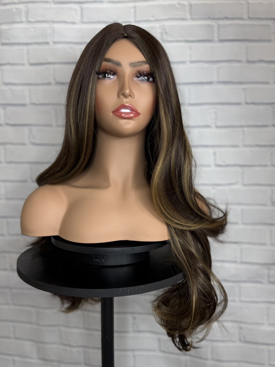 Ash Green Wig 24 Inches Long Middle Part Wavy Layered