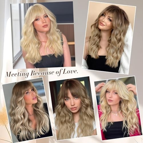 Blonde Wig with Bangs – 20″ Long Wavy Curly Heat Resistant Synthetic Hair for Pa