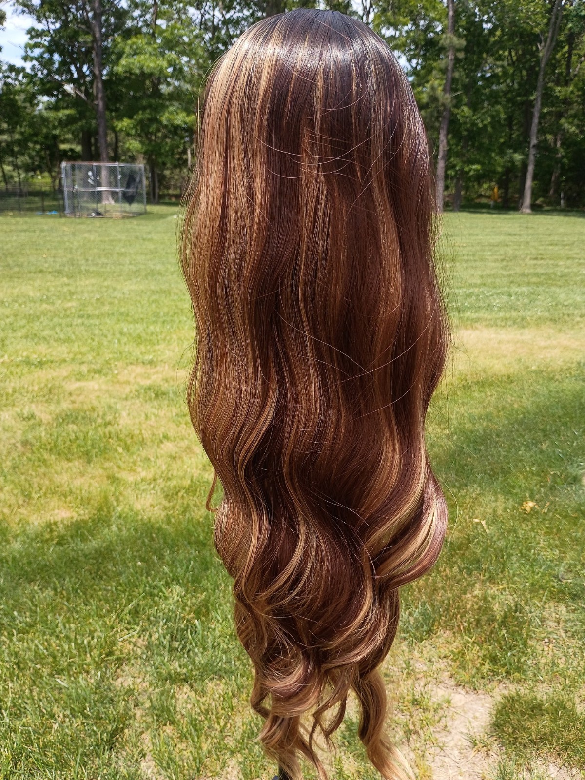 Synthetic Wavy Layered Brown/Golden Highlights Wig Free-Part Classic Cap 31-40in