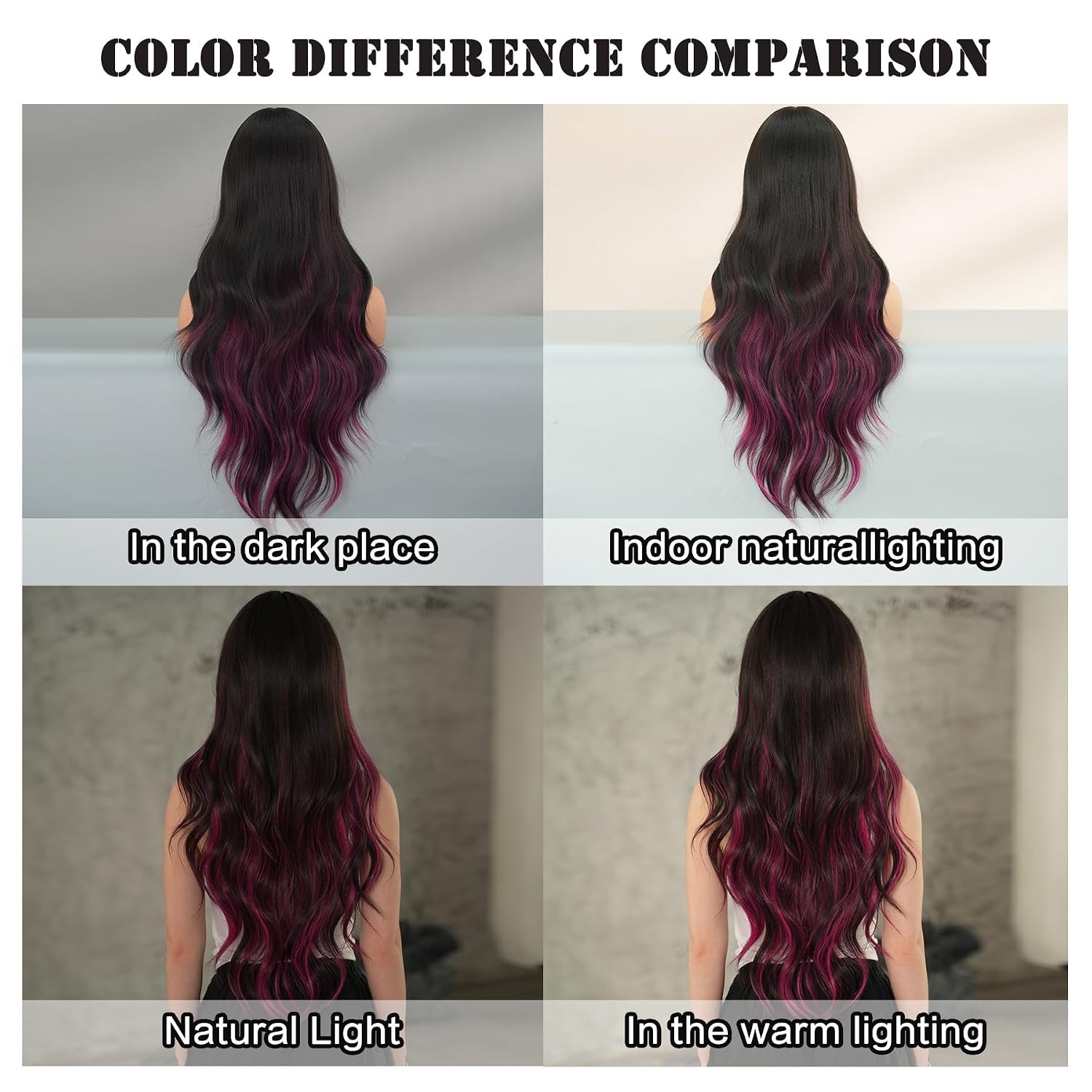 Natural Black Long Wavy Rose Pink Highlight Wigs with Curtain Bangs Natural Part