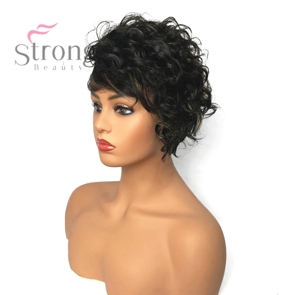 Synthetic Capless Brown Pixie Cut Hair Asymmetrical Side Bang Short Curly Wig