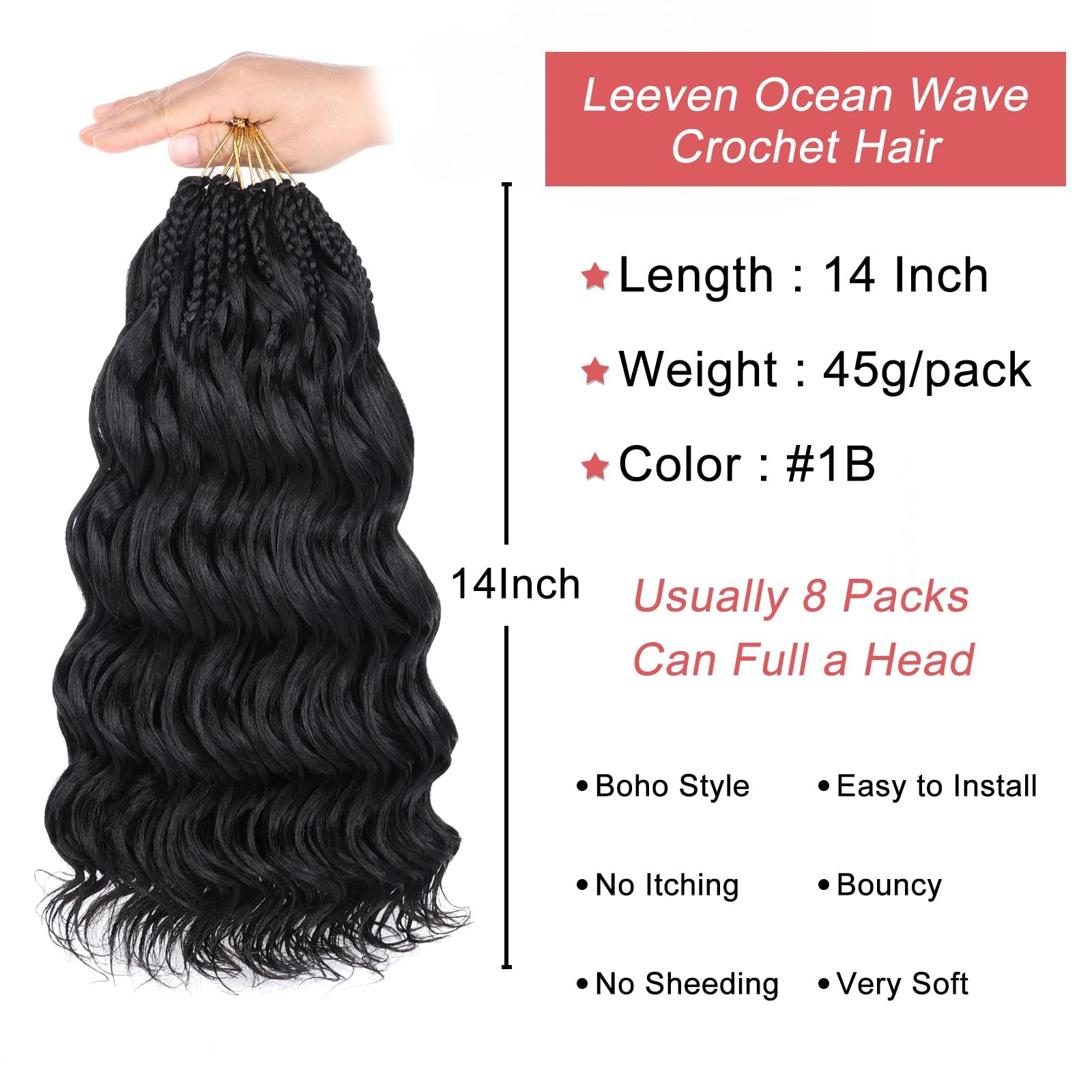 14 Inch Pre Looped Ocean Wave Crochet Braids 8 Packs Black Short Curly Croche…