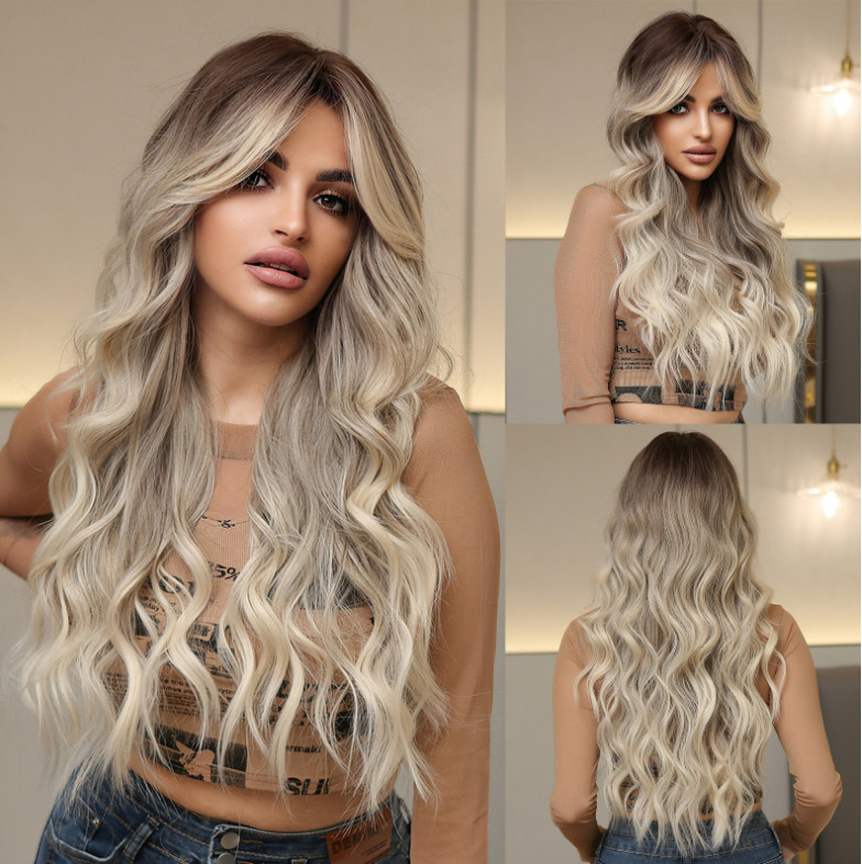 Long Wavy Rooted Blonde Mix Synthetic Hair Wigs Women Soft Party Daily Natural