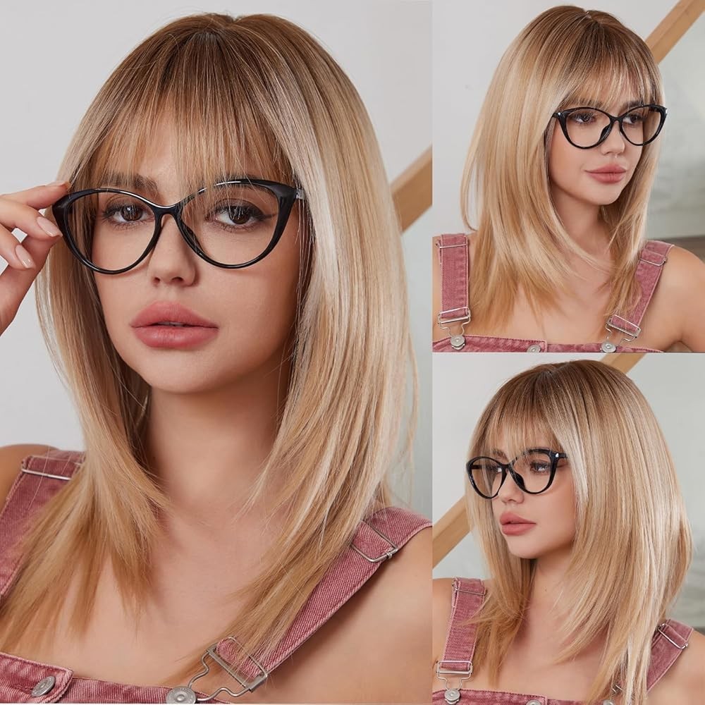 Light Blonde Wigs for Women layered Straight Wig with Bangs Natural Synthetic…