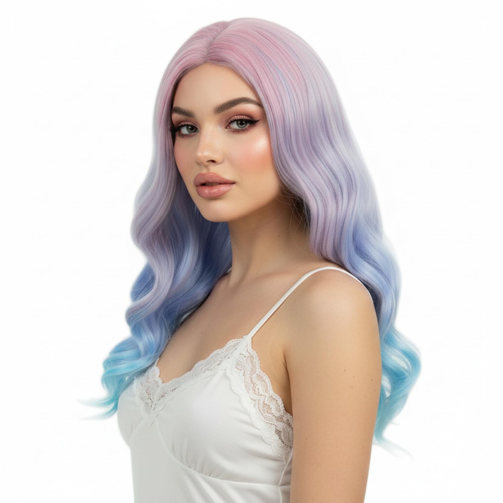 Long Rainbow Wavy Womens Wig Pastel Ocean Wave Long Curly Waving Heat Resista…