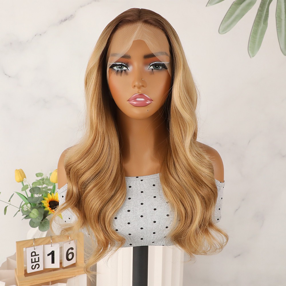 Ombre Brown Roots Blonde Lace Front Wigs Long Wavy Pre Plucked Natural Hairline