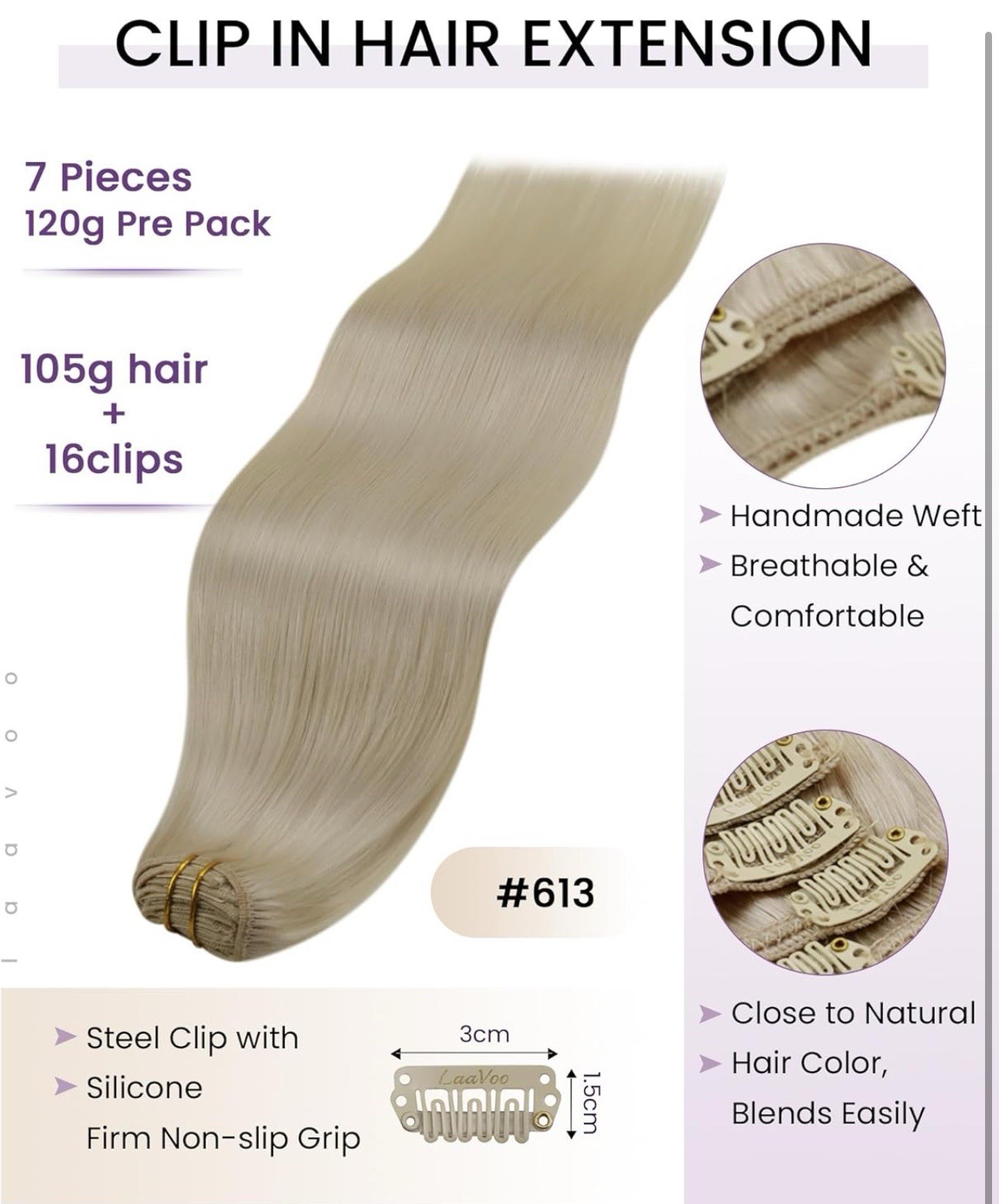 LaaVoo Human Hair Clip in Extensions Blonde 16 Inch 7pcs 120g