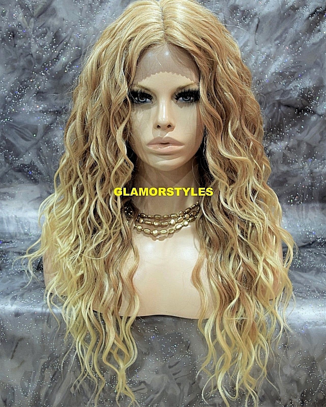 LACE FRONT FULL WIG LONG SPIRAL CURL LAYERED MIDDLE PART MEDIUM BLONDE HEAT OK