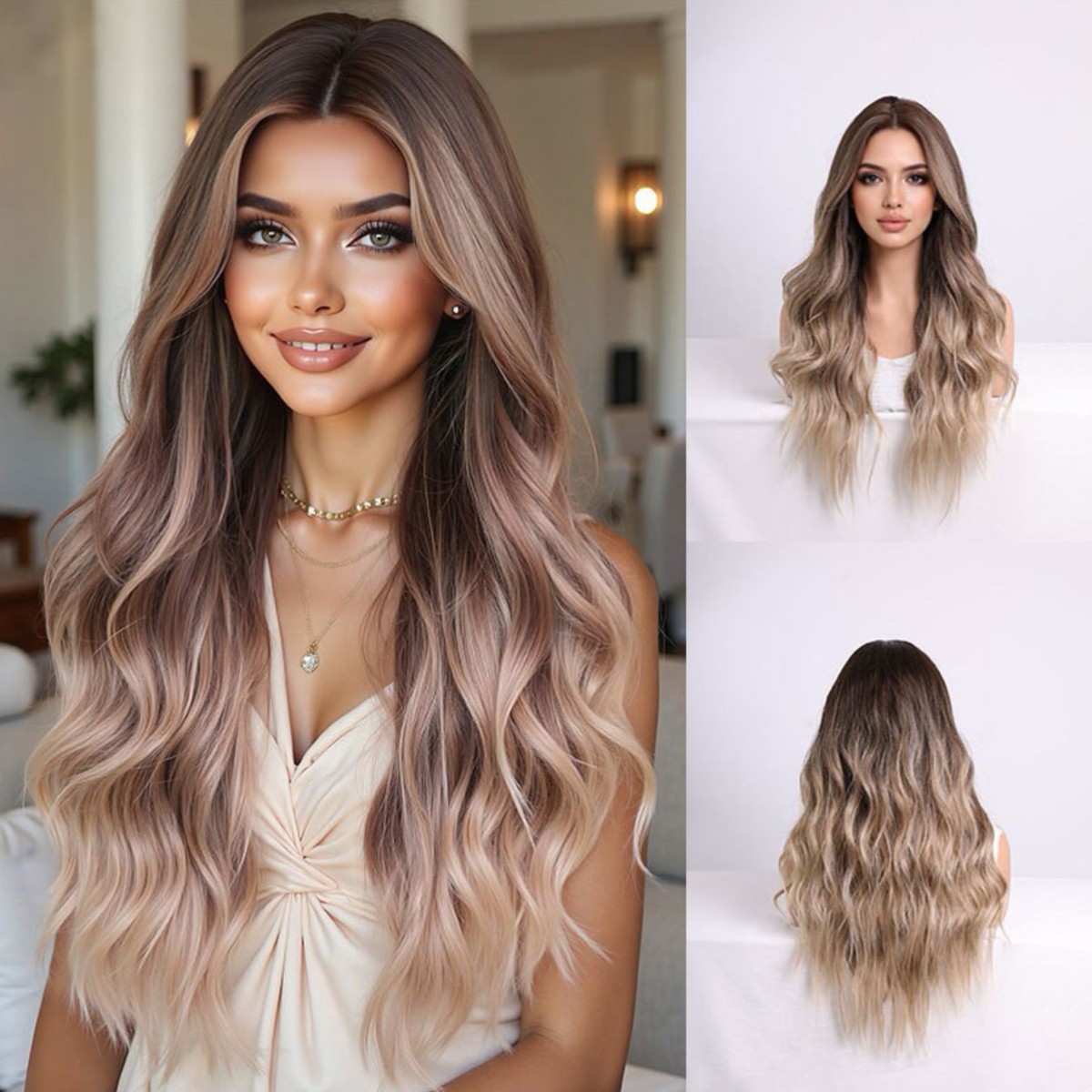 26in Brown to Golden Blonde Ombre Long Wavy Wig Heat Resistant Synthetic Cosplay