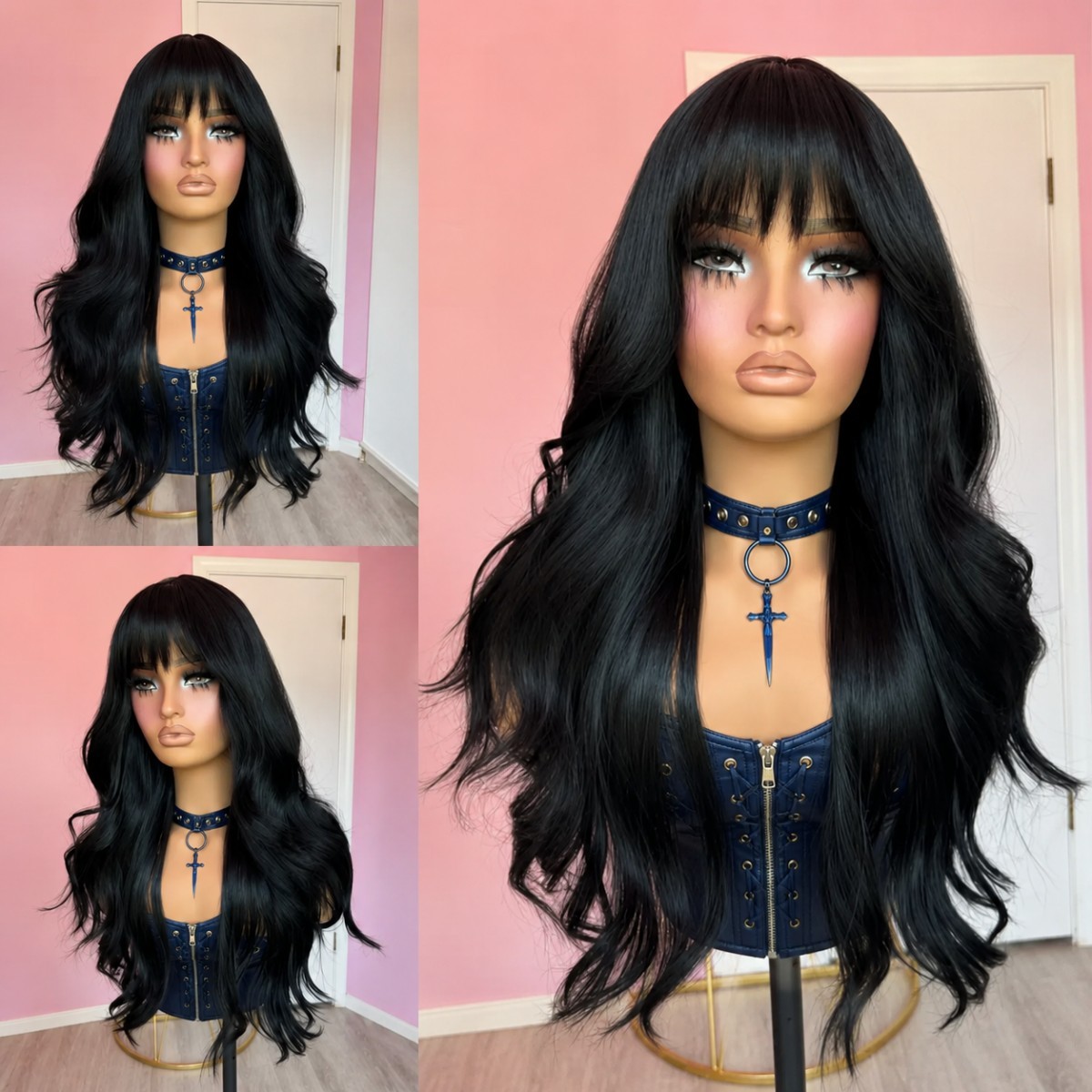 Long Wavy Off black Cosplay Wigs With Bangs Halloween Synthetic Hair Soft