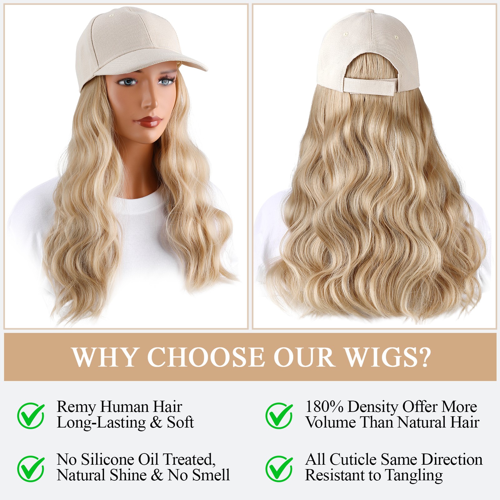 Baseball Cap with Curly Hair Wig,White Golden Hat Wave Wigs,Hair Hat