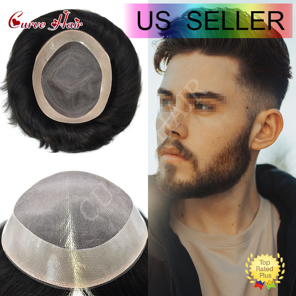 Mens Toupee Human Hair Replacement System Durable Fine Mono Lace Poly Hairpiece