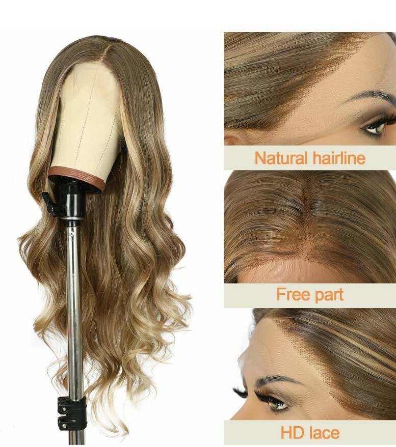 HD Lace Front Wig Human Hair Blend Highlights Wavy Curly Honey BROWN Blonde