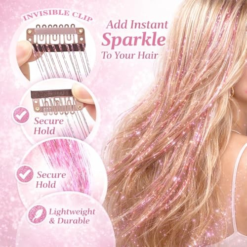 Hair Tinsel 12 Pcs Clip in Hair Tinsel Kit for Girls 22 Pink/Rainbow-12 Pcs