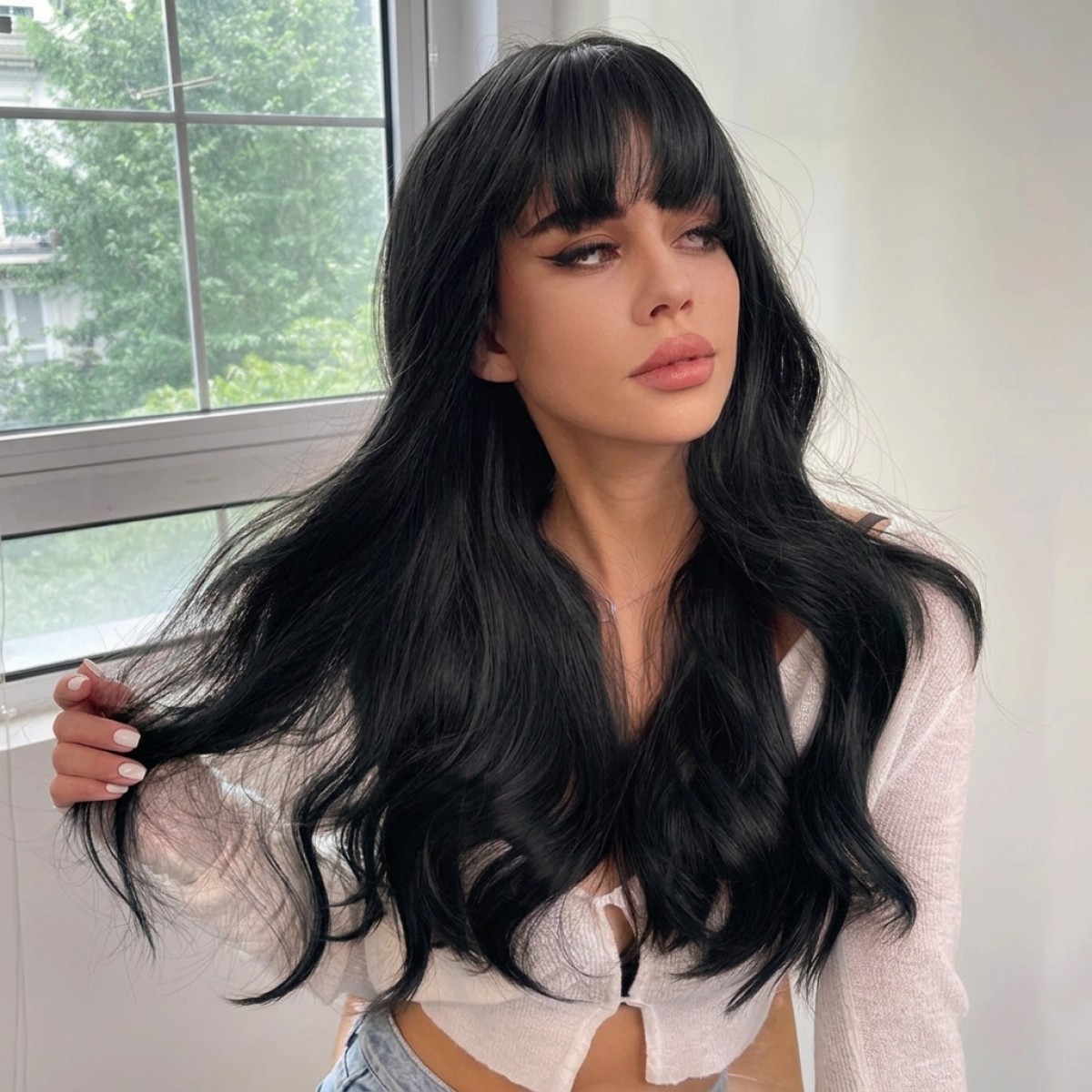 Heat Resistant Synthetic Hair Women Dress Up Wig With Fringe Long Wavy Black