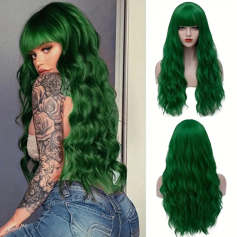 Multicolor Water Wave Long Curly Wig with Bangs Heat Resistant Synthetic Full