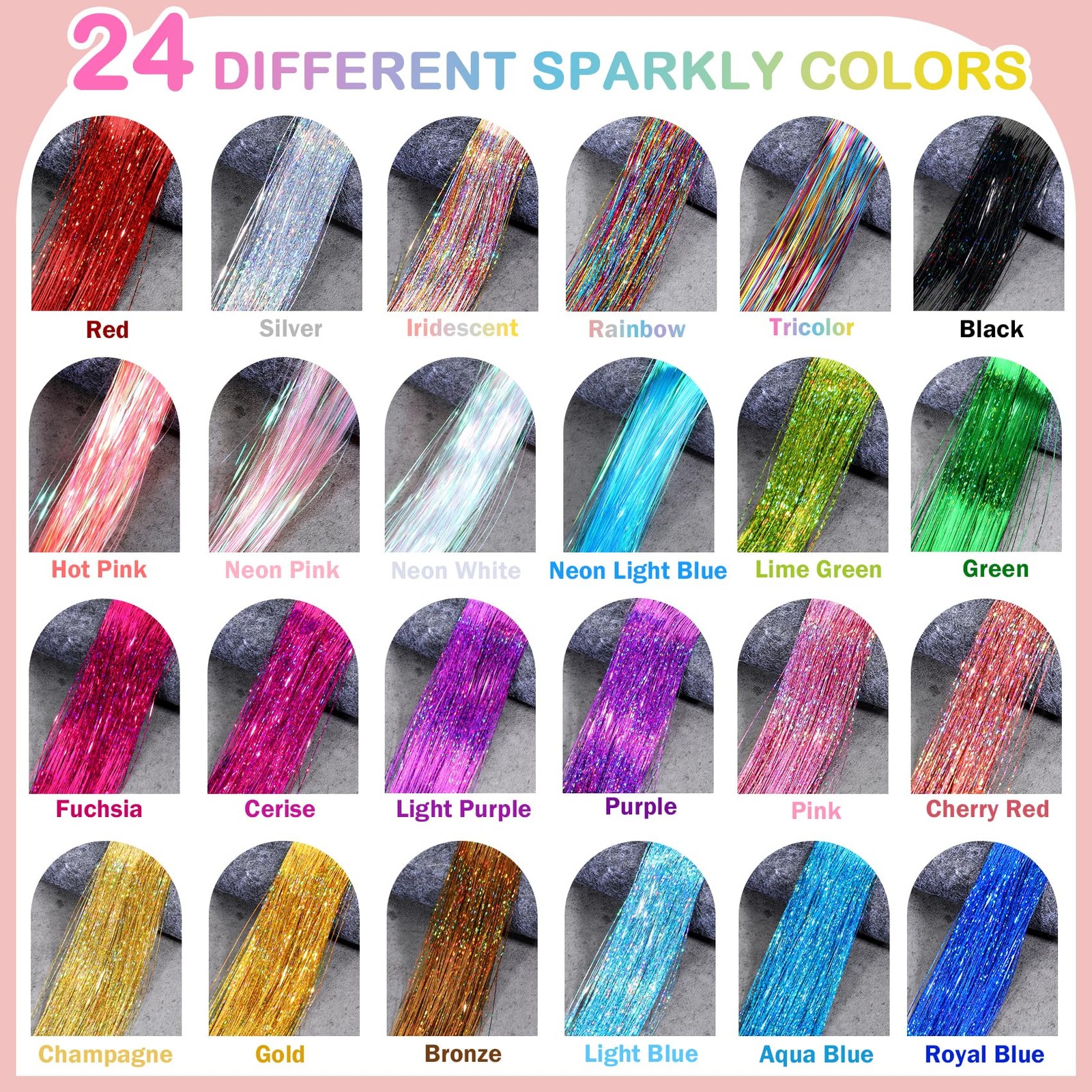 8400 Strands Hair Tinsel Kit 24 Colors 48in Heat Resistant Glitter Hair