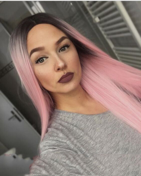 Hot Long Straight Hair Wig Ombre Pink Black Root Wig Synthetic Wig for Women