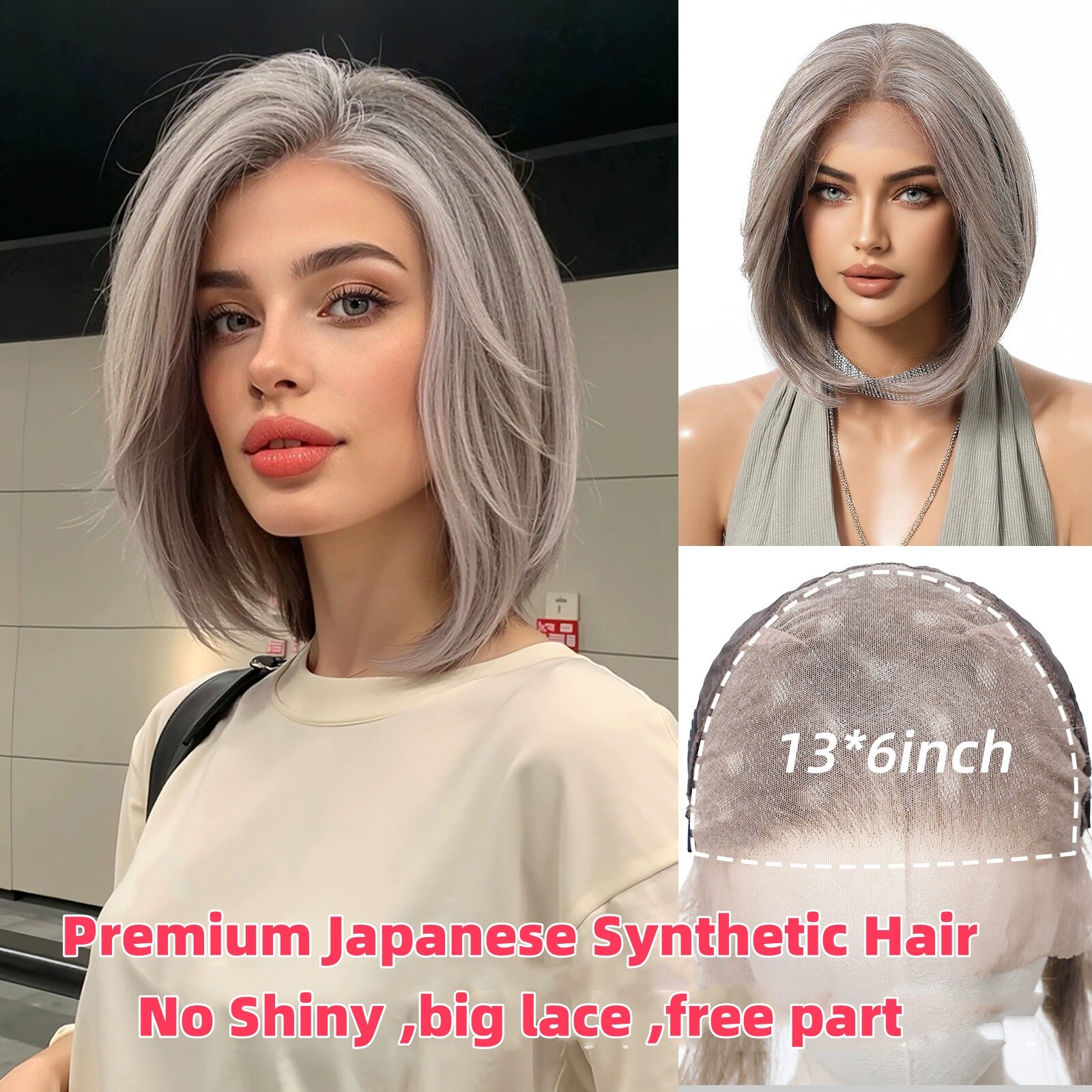 Gray Blonde Bob Wig 13X6 Lace Front Wigs 10 Inch Premium Japanese Synthetic Hair