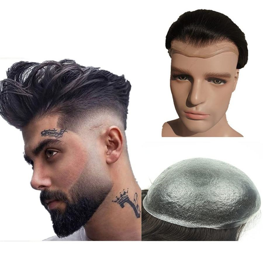 Men’s PU Skin Toupee 0.04mm Thin Skin Human Hair System Jet Black #1