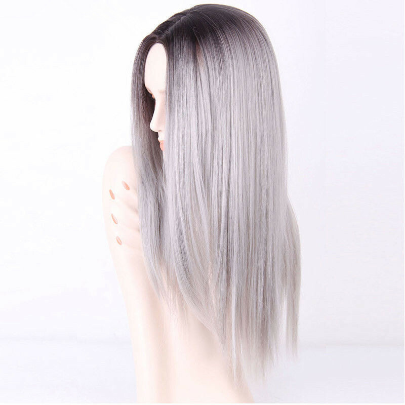 Long Straight Middle Part Wig Black Grey Blue Heat Resistant Synthetic Hair USA