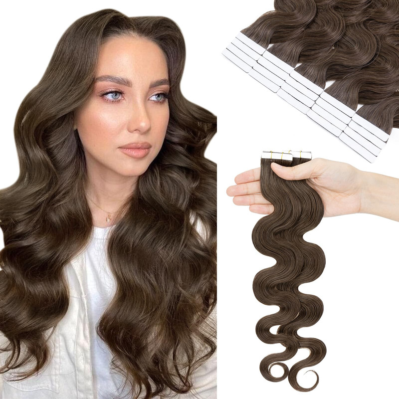 Hairro Tape In Hair Extensions Body Wave Human Hair 100G 40Pcs 18 Inch Cocoa