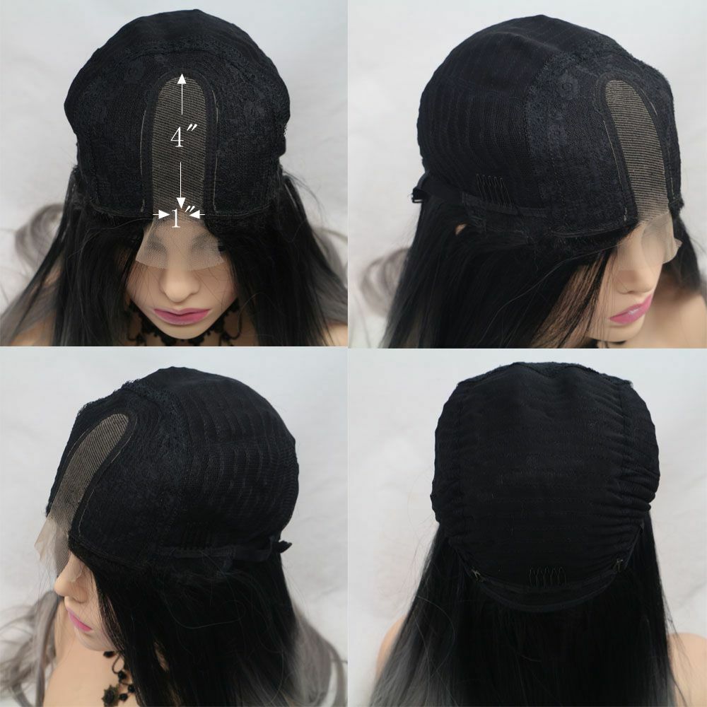 Natural Black Grey Ombre Long Silky Part Synthetic Lace Heat Resistant Fiber Wig
