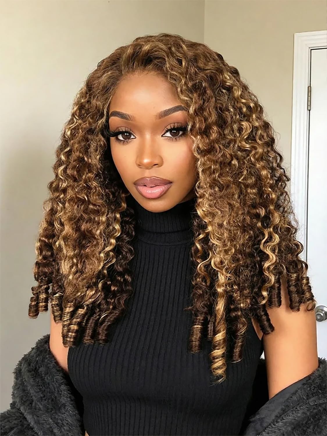 22″ Honey Blonde Ombre Curly Glueless Wig – 9×6 HD Lace, Pre-Plucked, 180% Densi