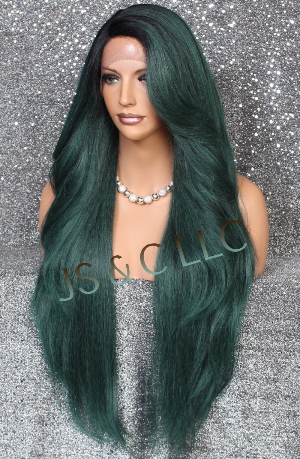 Extra LongHuman Hair blend Heat OK Lace Front Wig WBPC Dark Green