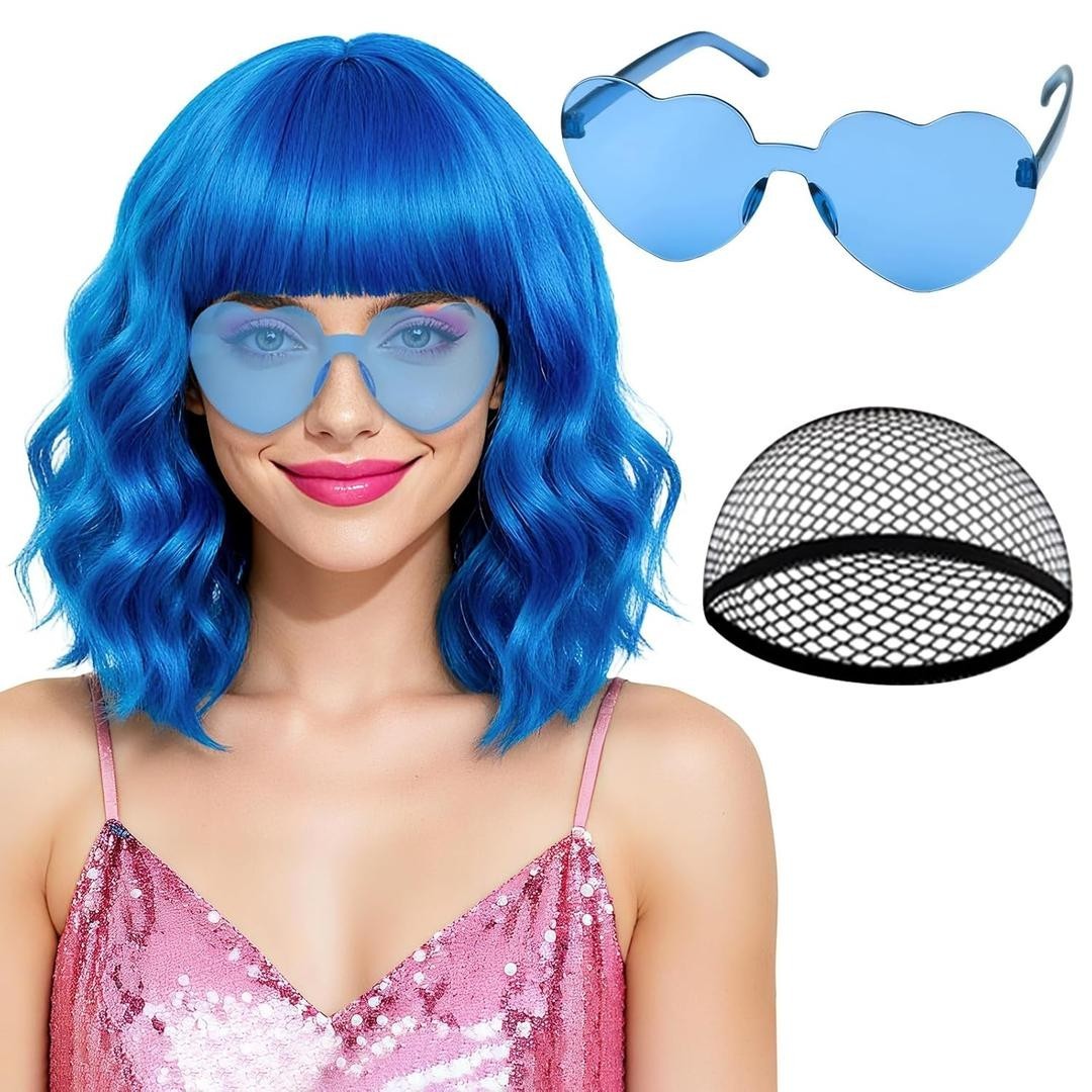 PLULON Blue Wavy Bob Wigs 1828 with Bangs Hair Cap 604
