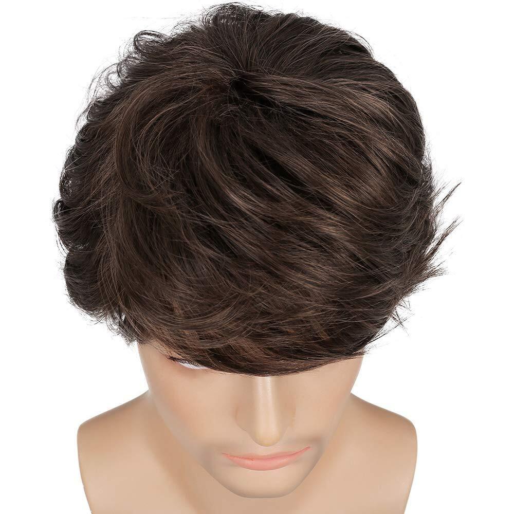 Men Short Brown Wig Natural Fluffy Synthetic Hair Wig Heat Resistant for Cosplay