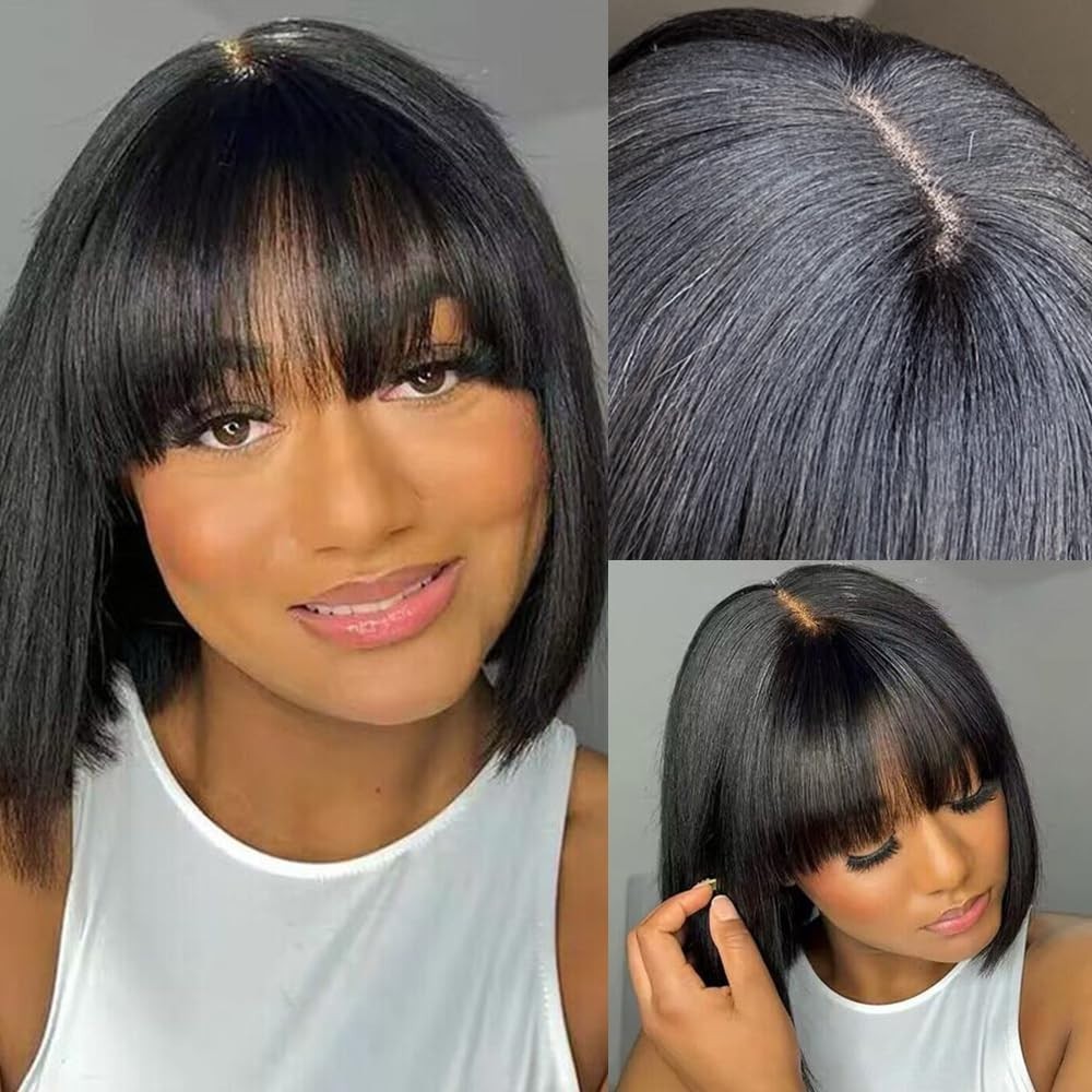 Short Human Hair Bob Wigs With Bangs Straight Realistic Scalp Glueless 2×1 lace