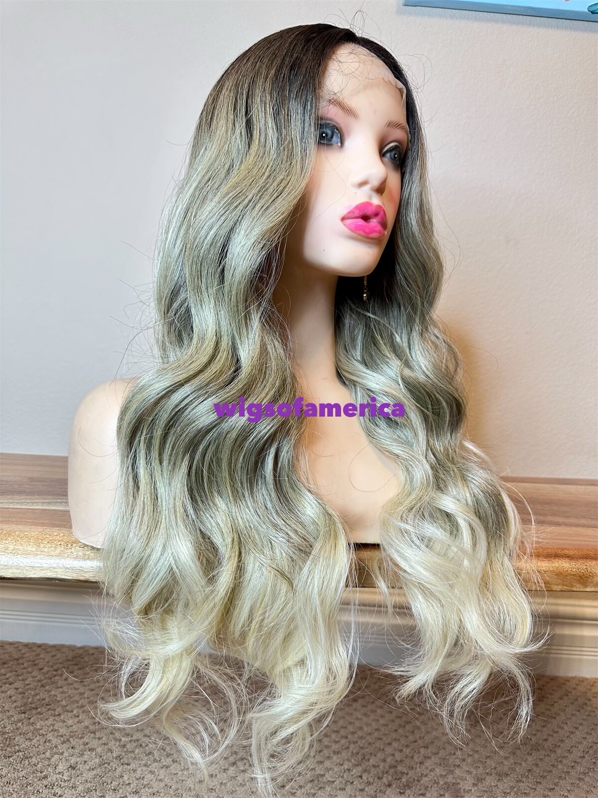 Ash white light greenish Wig black middle part lace front 22 inch long heat ok